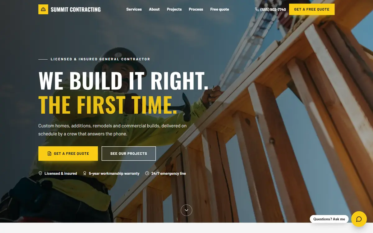 Summit Contracting demo homepage with a builder framing a house