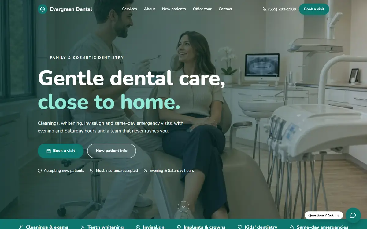 Evergreen Dental demo homepage with a dentist and patient