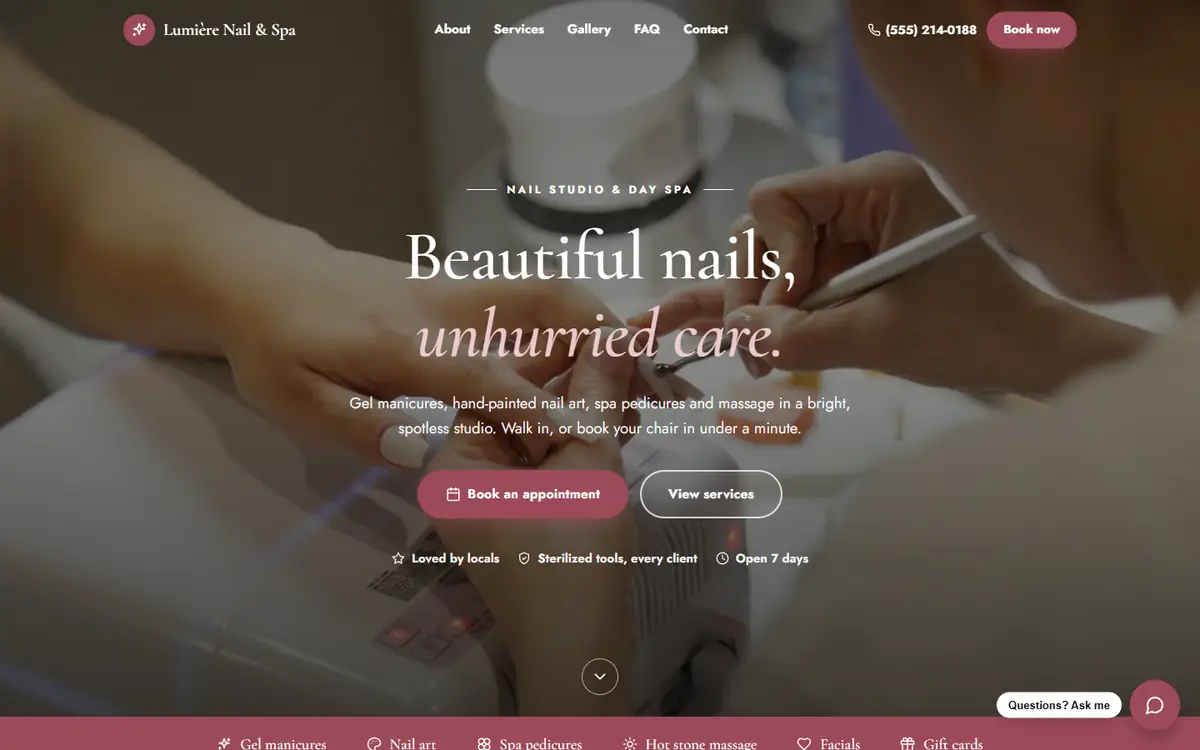 Lumière Nail & Spa demo homepage with a manicure photo