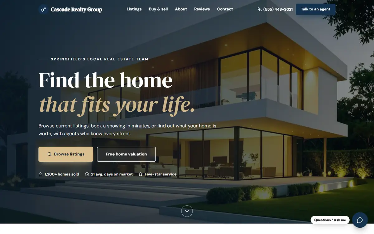 Cascade Realty Group demo homepage with a modern house at dusk