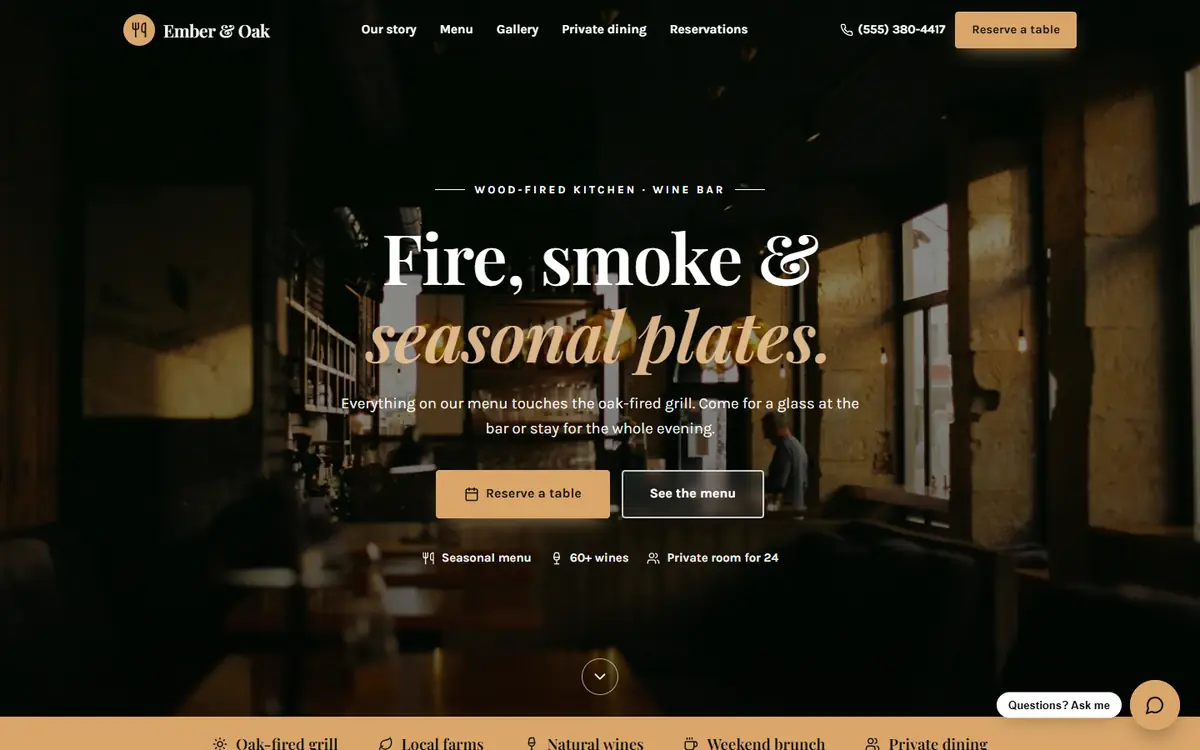 Ember & Oak demo homepage with a dimly lit dining room